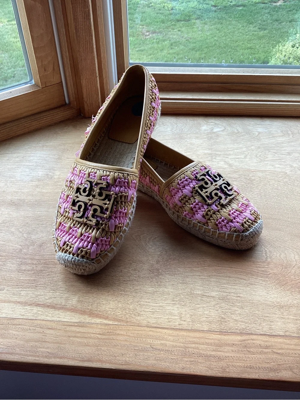 Tory Burch Pink and Natural Woven Espadrille Loafers with Logo Plaque
